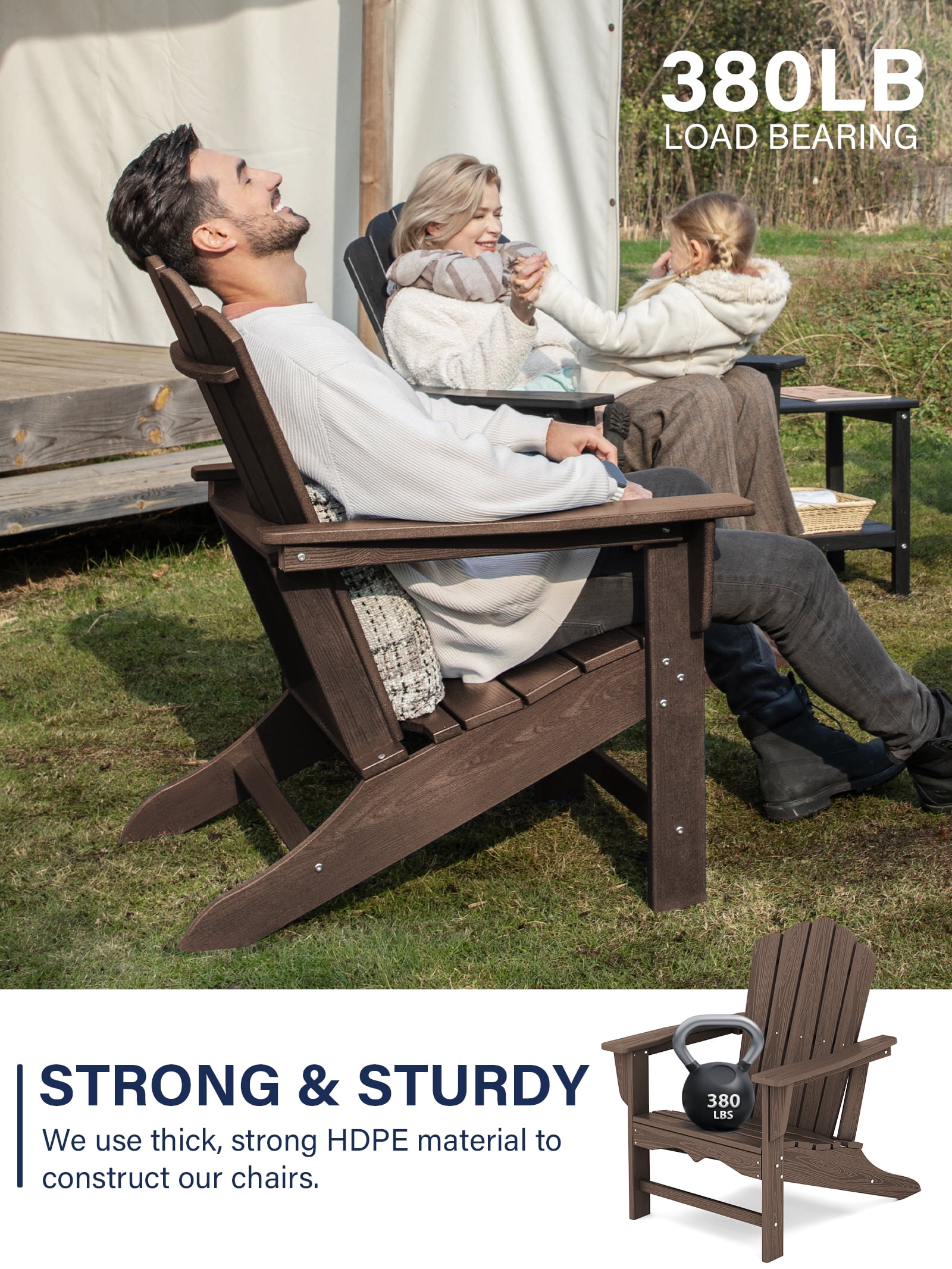 KINGYES HDPE Adirondack Chair Set of 4, All-Weather Outdoor Fire Pit Chairs for Patio Deck Lawn, Brown