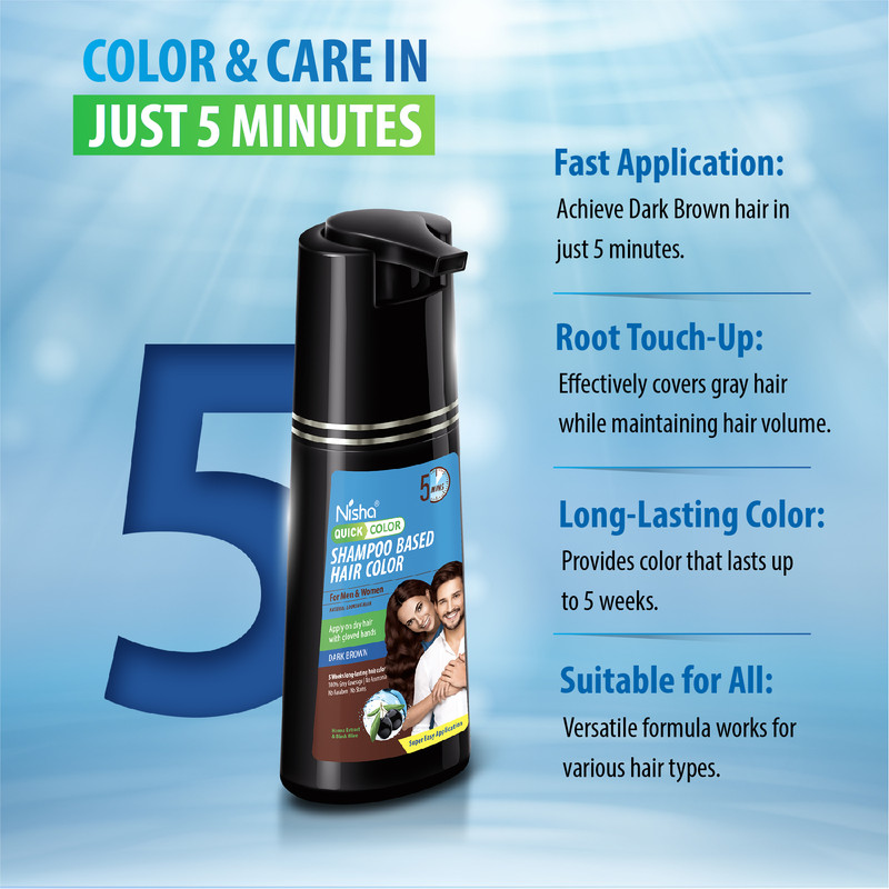 (3 pack) Nisha Shampoo Hair Color | Men & Women | 100% Grey Coverage in 5 Minutes | Dark Brown | 180mL / 6.09 Oz Bottle