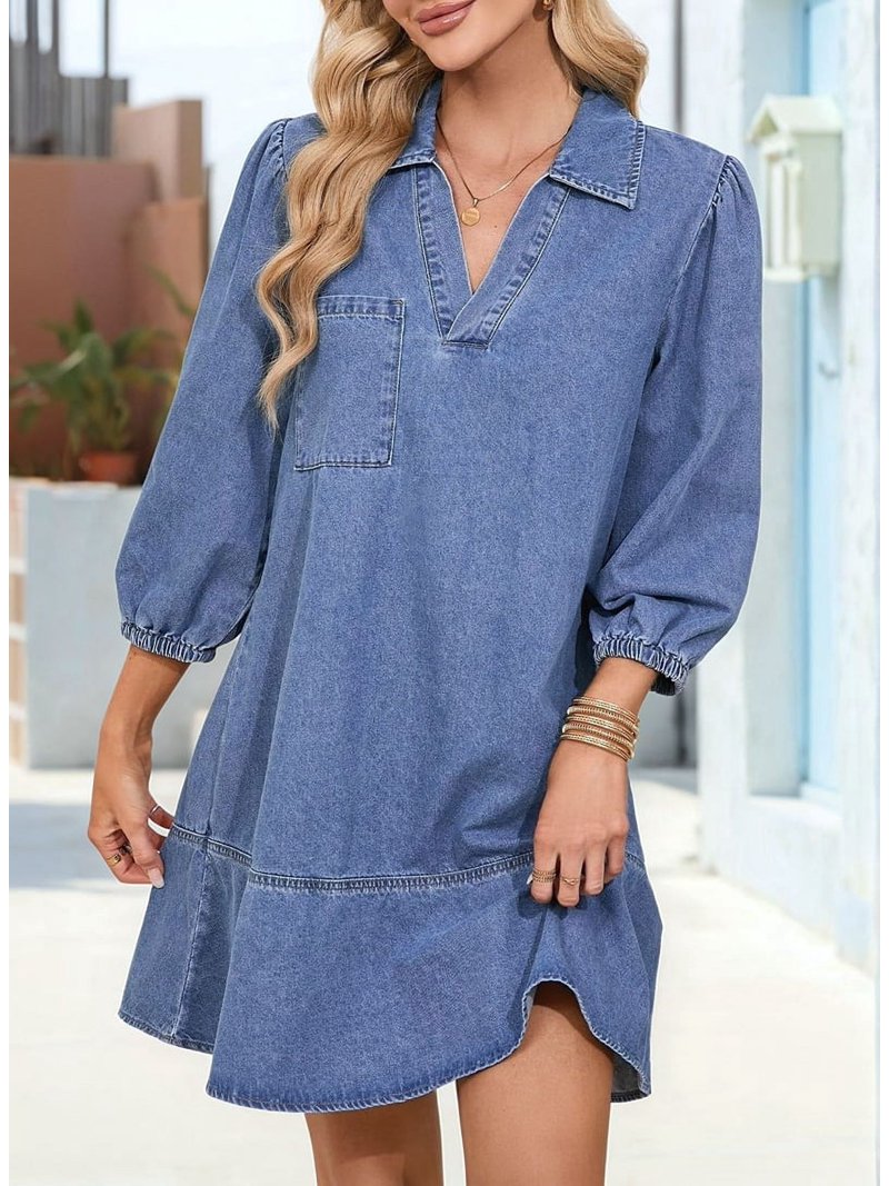 Denim Dress for Women Summer Casual Babydoll 2026 V Neck 3/4 Puff Sleeve Jean  Dresses Sea Blue M - Walmart.com