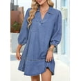 thumbnail image 4 of Denim Dress for Women Summer Casual Babydoll 2026 V Neck 3/4 Puff Sleeve Jean Dresses Sea Blue S, 4 of 9