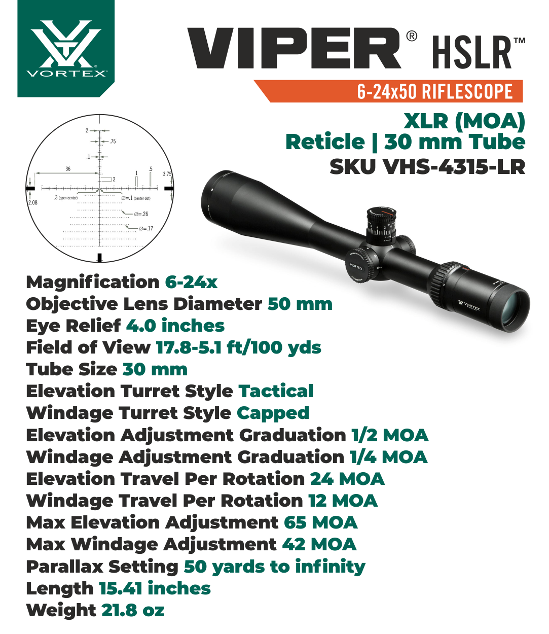 Vortex Optics Viper HSLR 6-24X50 XLR (MOA) FFP, 30 mm Tube with Pro 30mm High Rings (1.18in) and Free Hat Bundle - image 2 of 7