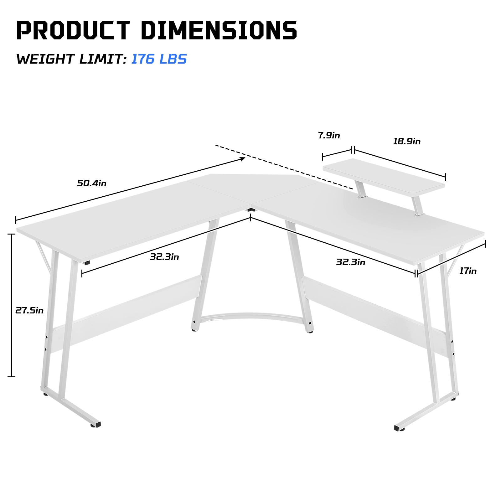 Dkelincs L Shaped Gaming Desk, 50.4" Corner Computer Desk PC Game Table with Monitor Stand Large Desktop for Home Office Study Writing Workstation, White