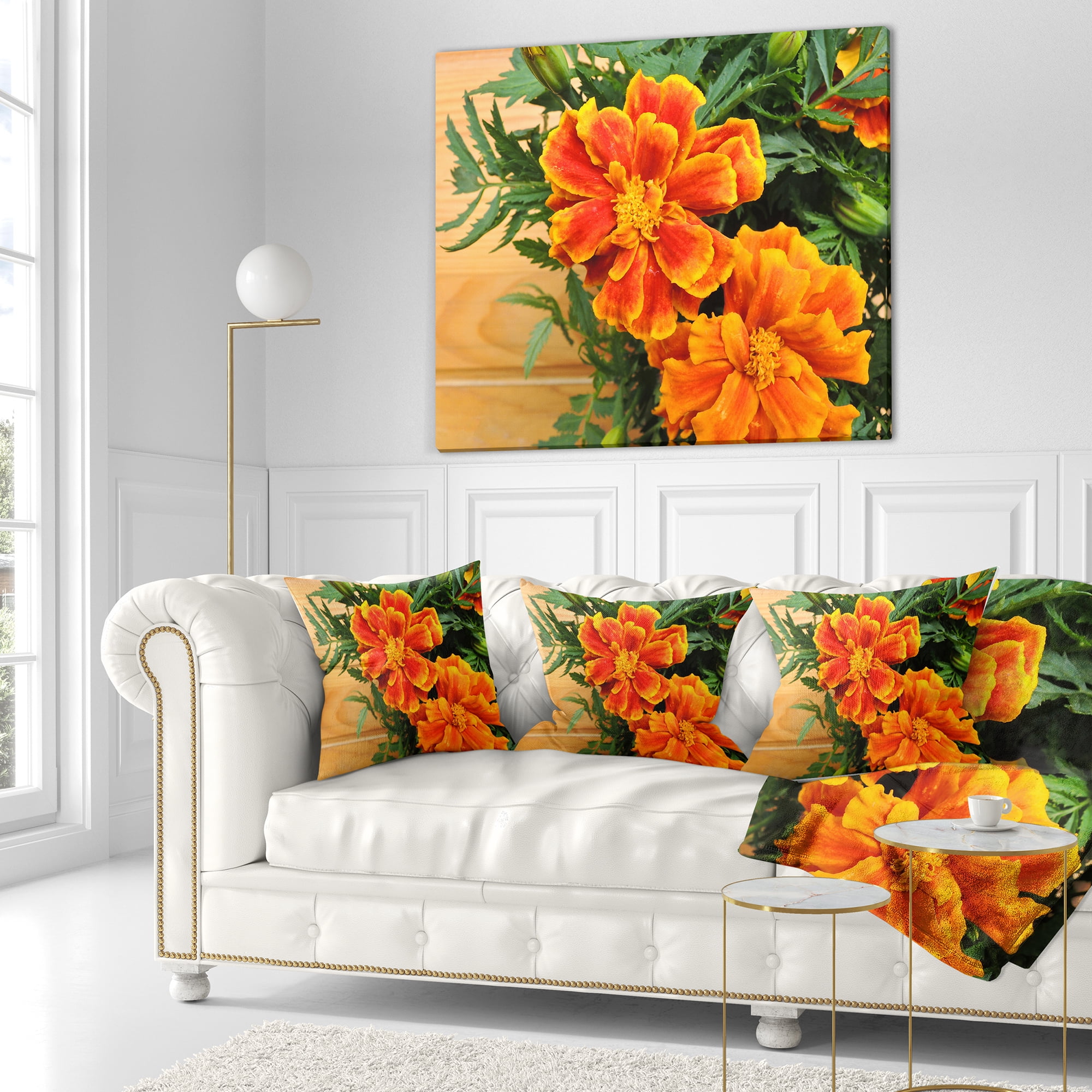 Designart Marigold Flower on Wooden Background - Floral Throw Pillow - 16x16