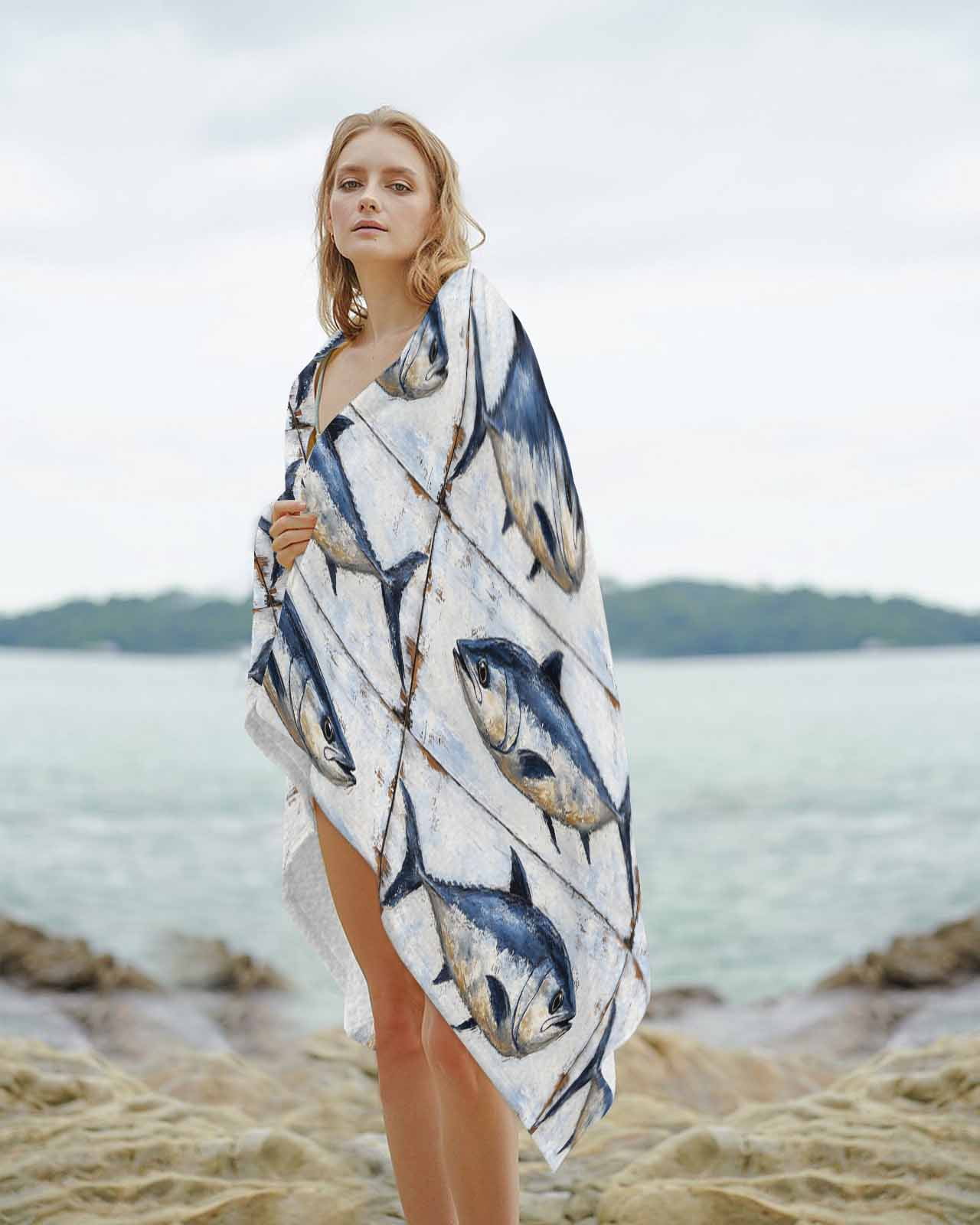 Coastal Fish Beach Towels Oversized Super Absorbent, Oil Painting Ocean Nautical Beach Lightweight Bath Towel Quick Dry Sets For Bathroom/Pool/Rv Camping/Beach Play/Gym Room/Picnic 35"x70"