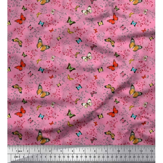 Soimoi Pink Viscose Chiffon Fabric Flower & Butterfly Printed Craft Fabric by The Yard 42 Inch Wide