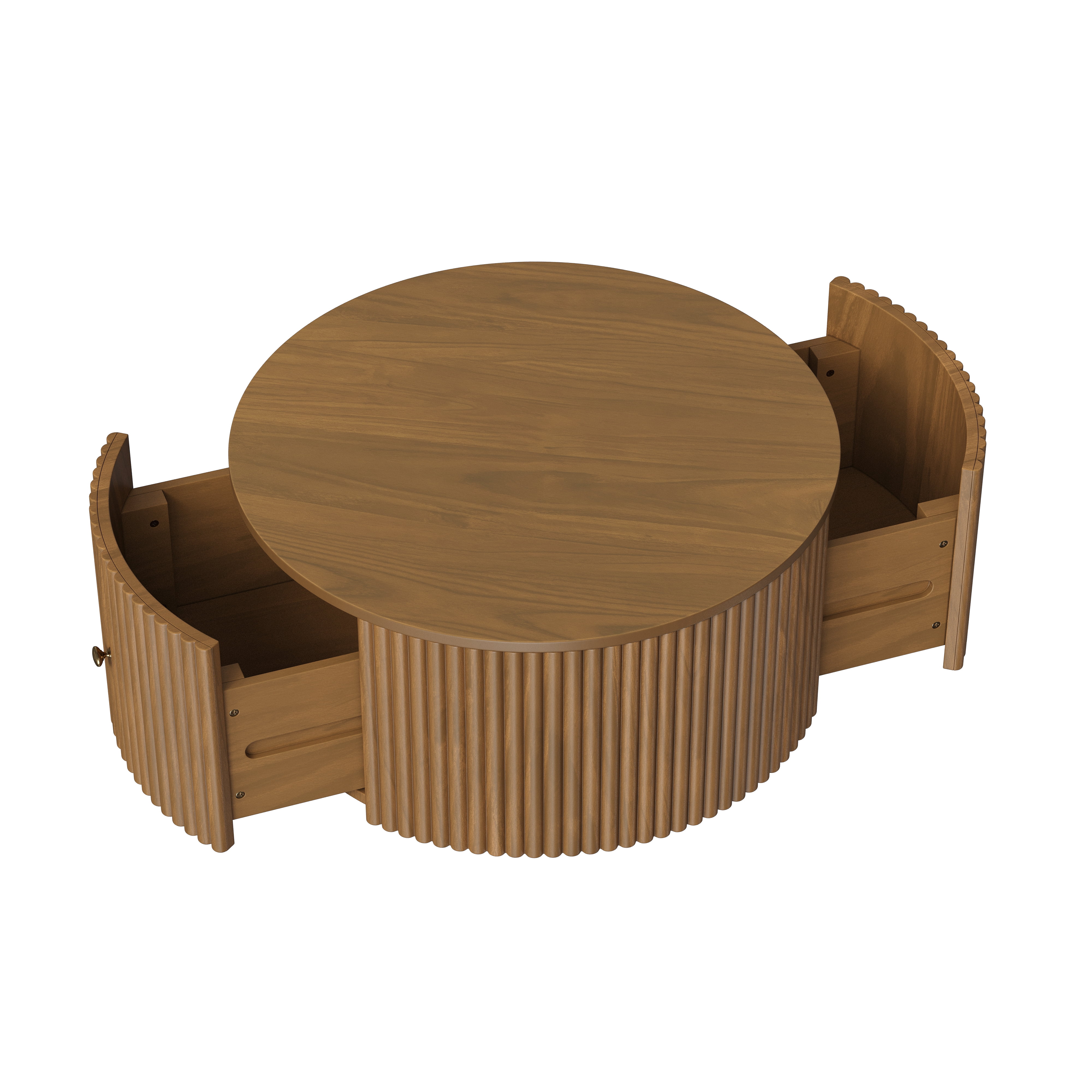 Garitin Coffee Table and Round Fluted Drum Pedestal 30.3 Inch, Mid Century Modern Center Table with Hidden Drawers and Rolling Casters for Living Room, Walnut