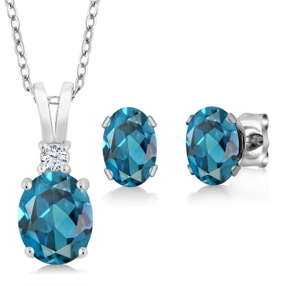 Gem Stone King 3.55 Cttw Oval London Blue Topaz 925 Sterling Silver Pendant Earrings Set for Women | Gemstone Birthstone | Oval 8X6MM and 7X5MM | With 18 inch Chain