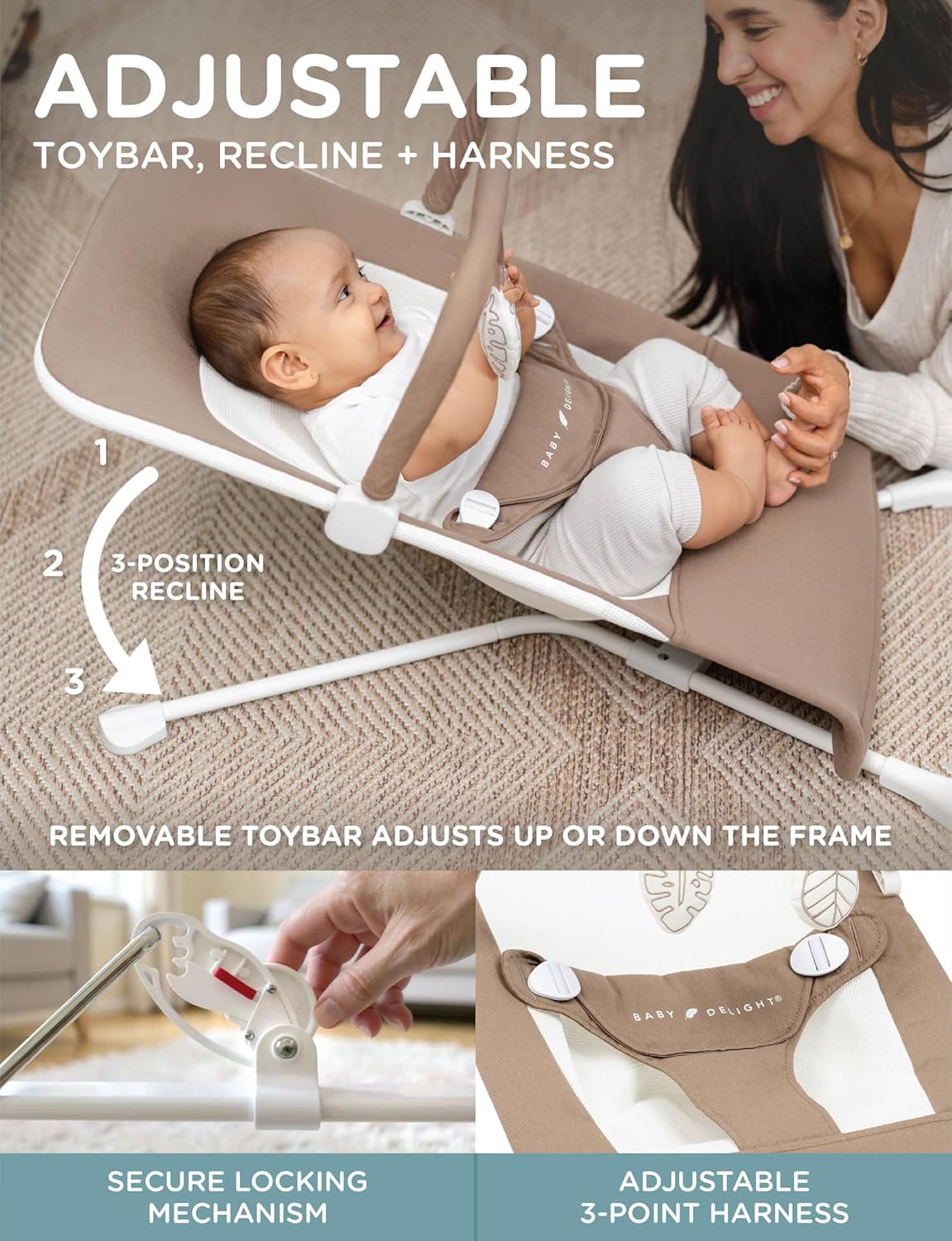 Baby Delight Highland Organic Bouncer, 3-Position, Infants 0-6 Months, Organic Mocha