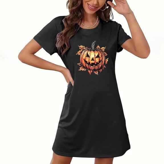 Wensltd Womens Nightgown Soft Short Sleeve Halloween Pajamas Women Cute Print Nightdress