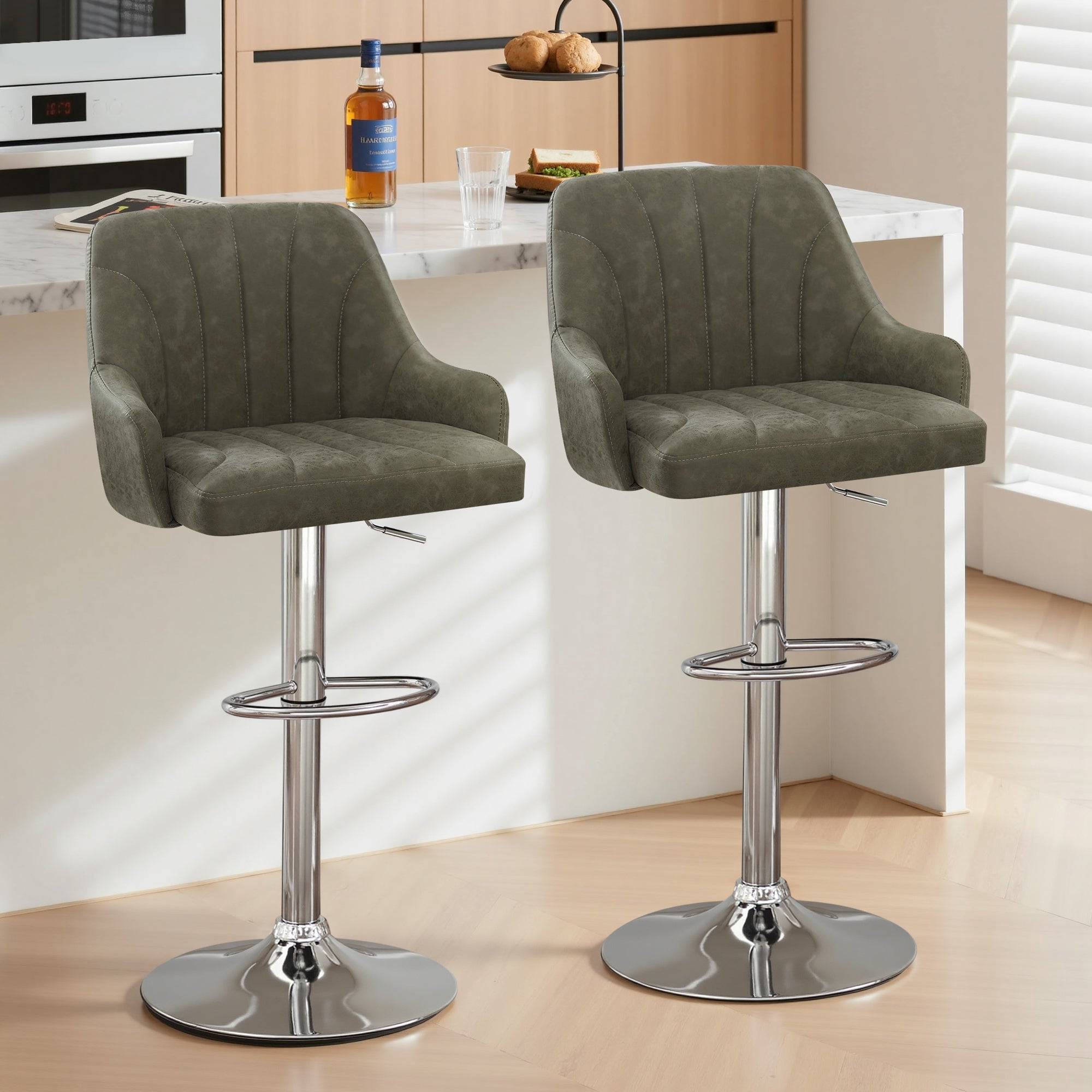 VECELO Set of 2 Swivel Bar Stools, Adjustable Counter Height Barstools Faux Leather Chair with Backrest and Armrest, Dark Gray