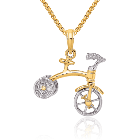 14K Solid Two Tone Gold Dangling Tricycle Handlebars Wheels Necklace Chain Pendant Charm with chain 16inch