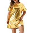 thumbnail image 2 of DARING DIVA Plus Size Metallic Round Neck Short Sleeve Mini Dress 1X Gold, 2 of 6