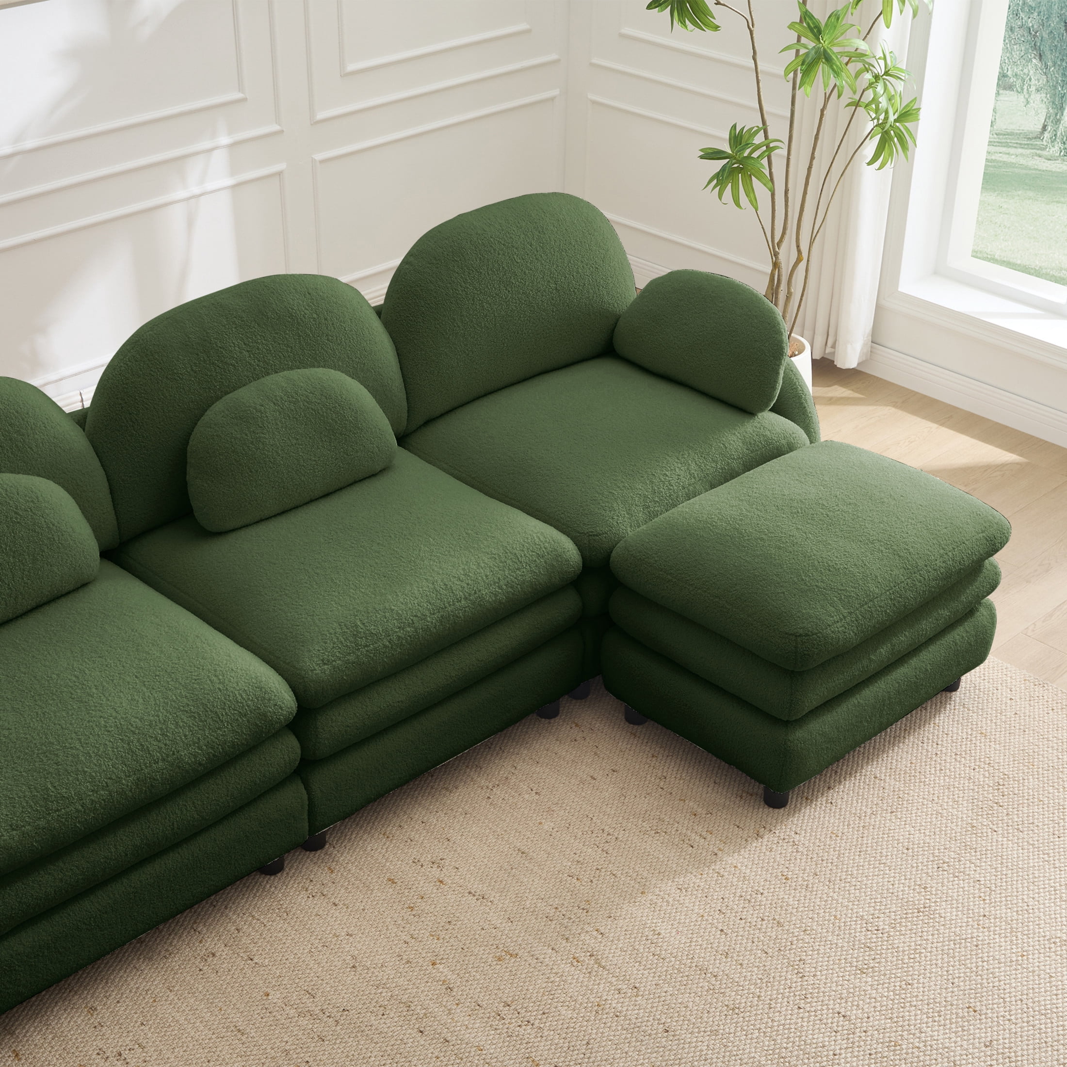 Noble House Windsor Teddy Fabric 4-Seater Sectional Sofa, Modular Cloud Couch with Ottoman and Lumbar Pillows, Green