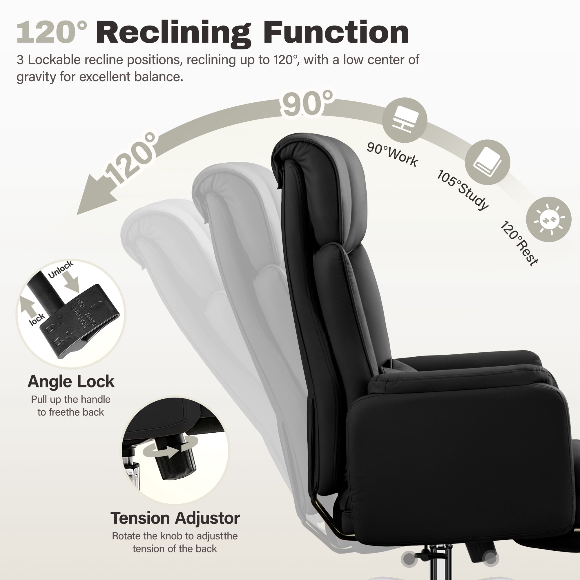 COOLHUT Big and Tall Office Chair, High Back Executive PU Leather Desk Chair with Footrest, Ergonomic Home Office Chair Computer Chair with Lumbar Support & Padded Armrest, Black