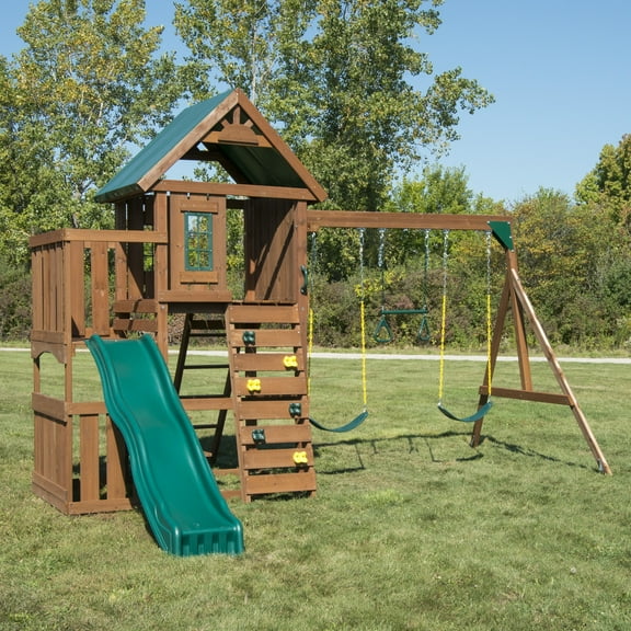Swing-N-Slide Elkhorn Wooden Backyard Swing Set with Slide, Climbing Wall, Heavy Duty Swing Seats, and Heavy Duty Trapeze Swing with Rings