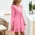 thumbnail image 6 of Girls Ruffle Dress Long Sleeve Crewneck Waist Belt Dress Kids Solid Color Casual Comfortable Outfits for Daily Wear Pink 9-10 Years, 6 of 7