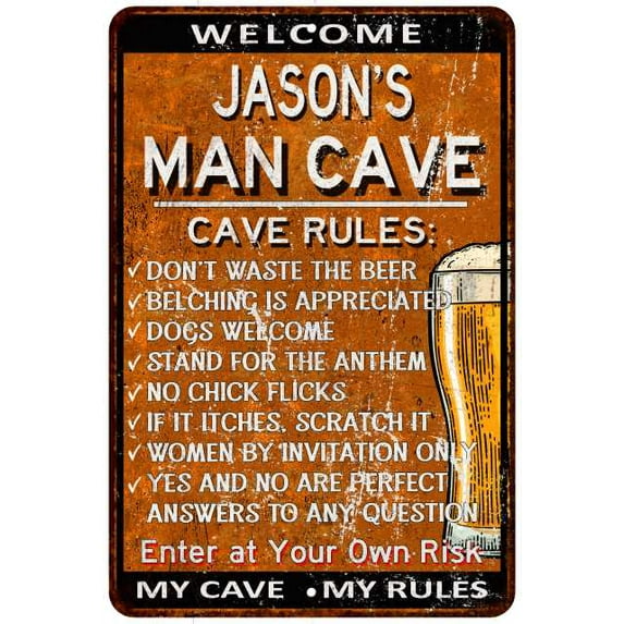 JASON'S Man Cave Rules Rusty Sign Garage Decor 8 x 12 Matte Finish Metal 108120051182