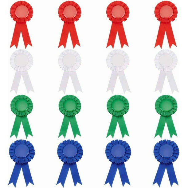 16 unidades de cintas de premios en 4 colores: medallas, rosetas, insignias y cintas de reconocimiento. Cintas azules, rojas y blancas.