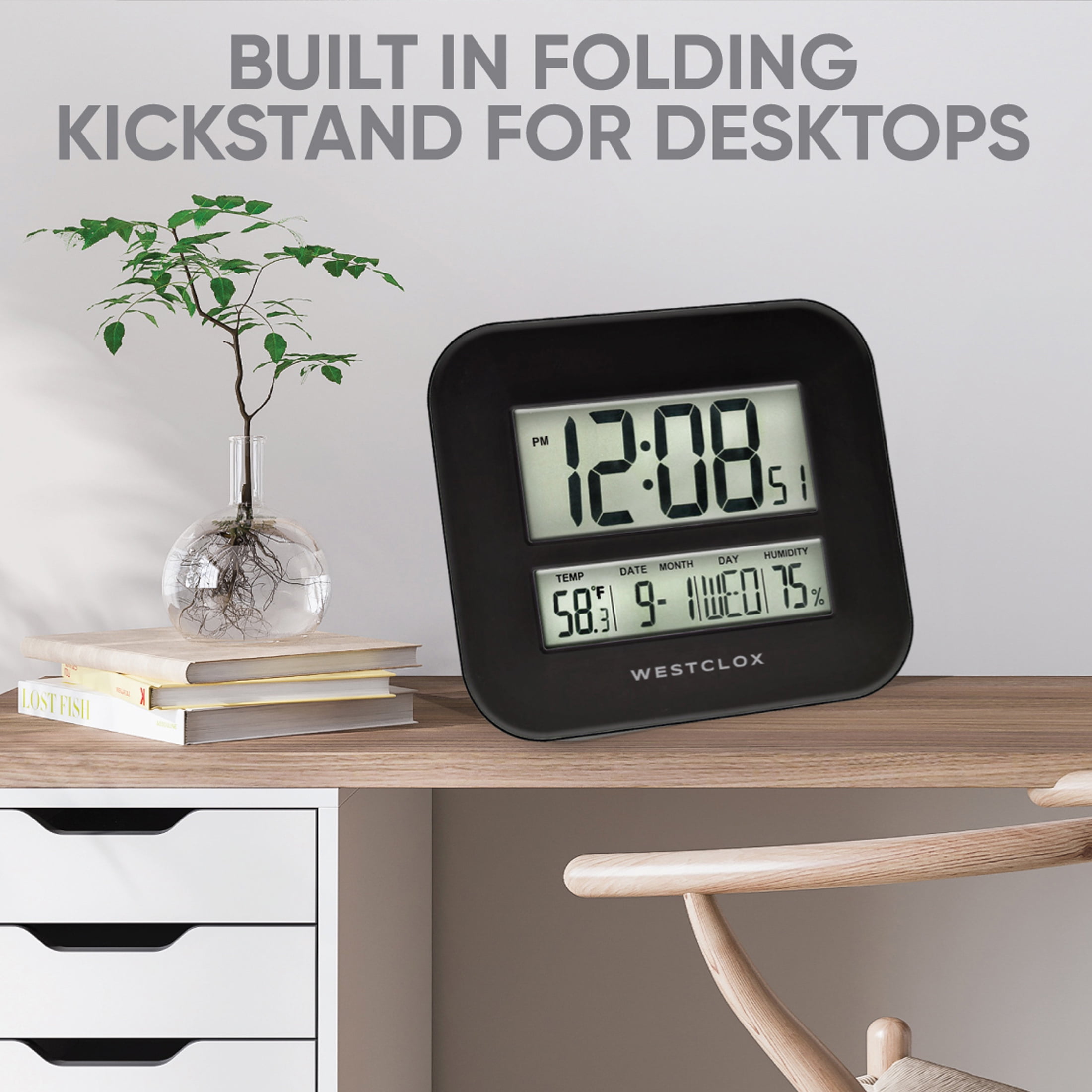 Westclox 11.5" Quartz Digital Battery Operated Wall Clock, Temperature Display