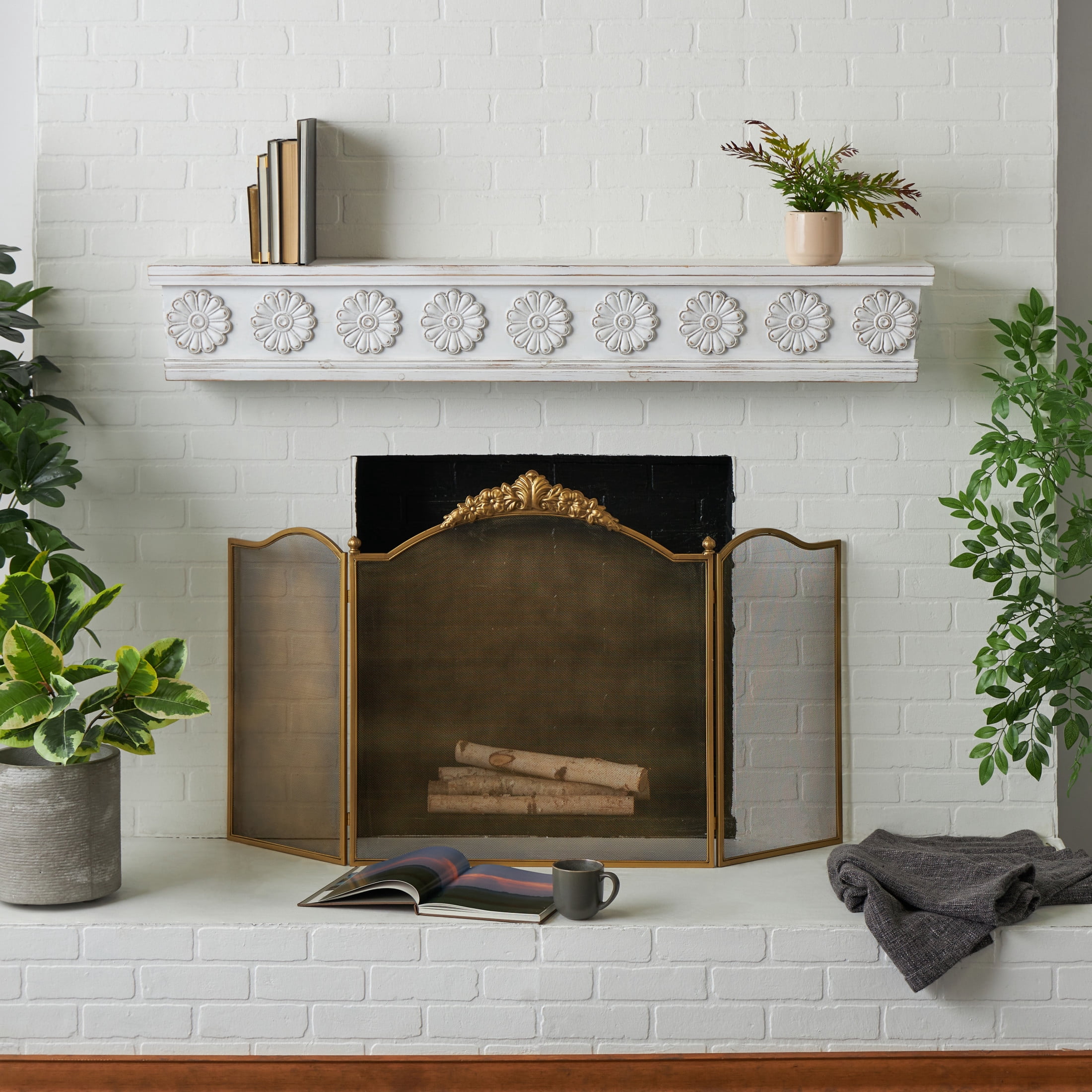 DecMode 60" x 8" 1-Tier White Floral Wall Shelf with Brown Distressing