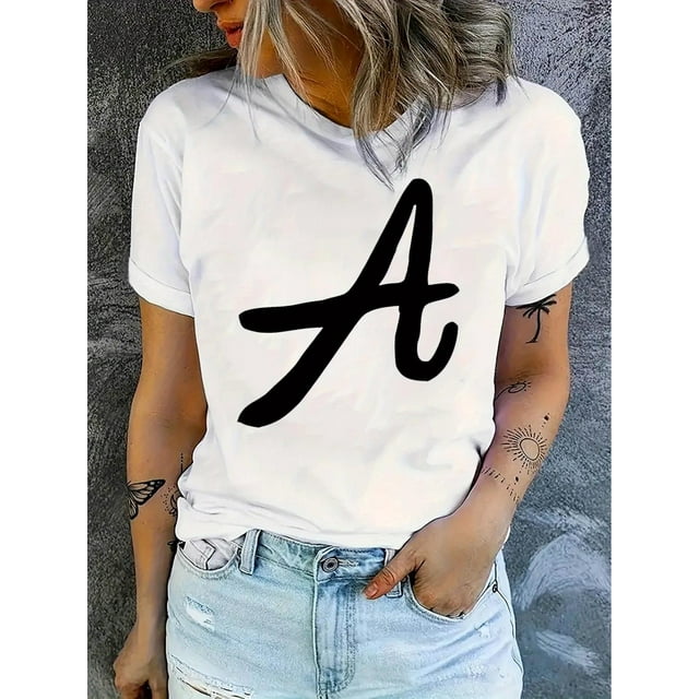 Camiseta Para Mujer De Verano Cuello RedondoWomen's Fashionable 'A' Letter Print T-Shirt - Casual Round Neck Short Sleeve, Comfortable Polyester Blend, Ideal for Summer & SportsFather's Day, Mother'