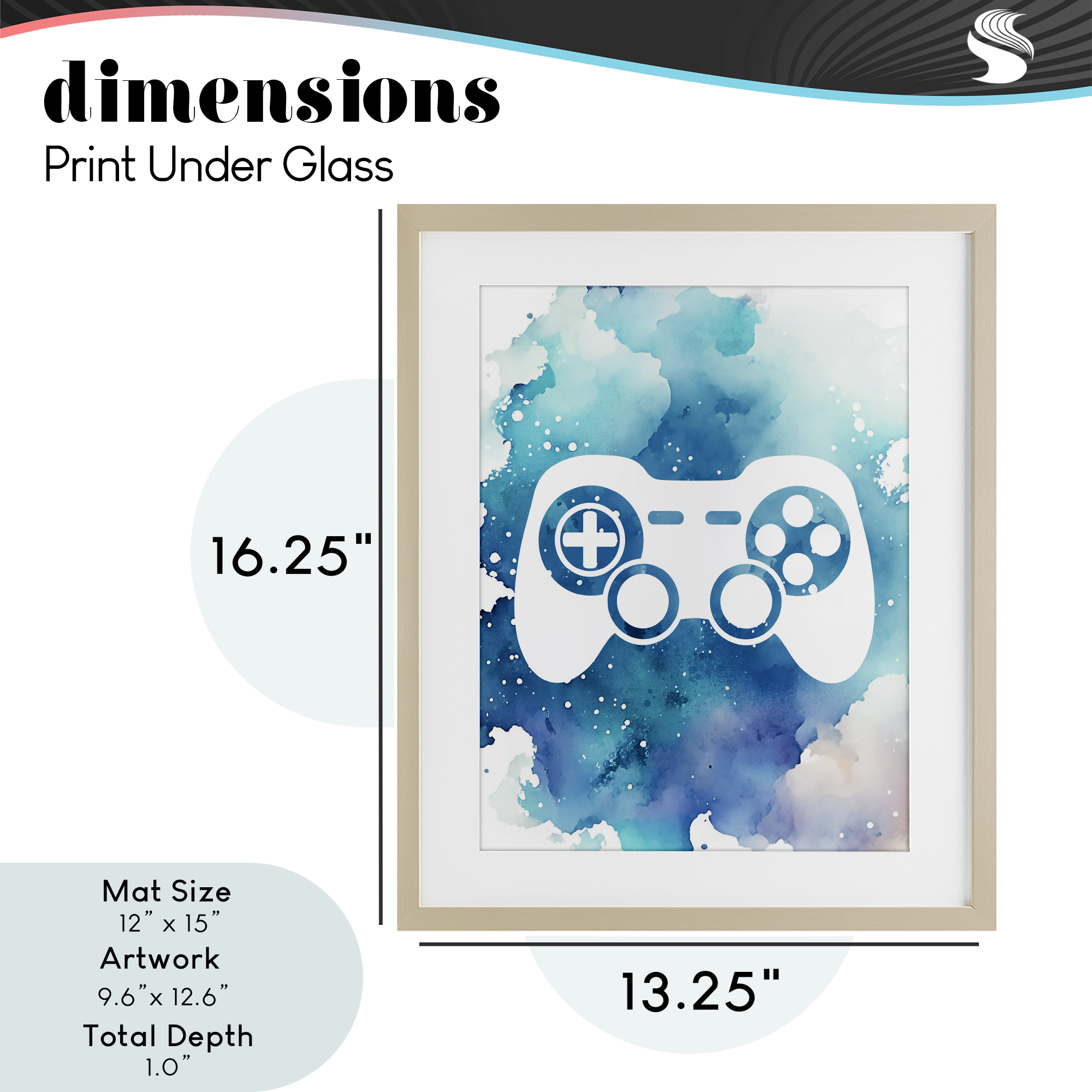 Blue Controller Splatter Birch Framed Print Under Glass, design by Marcus Prime