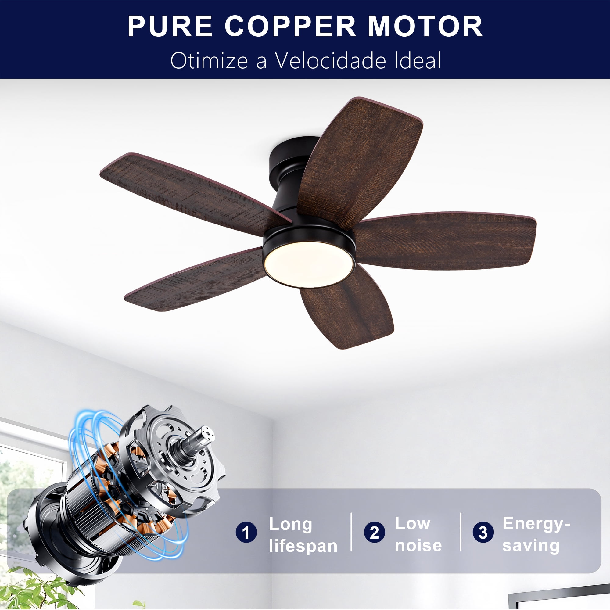 Ceiling Fan with Lights, 32 Inch Low Profile Flush Mount Reversible DC Motor Remote Fan for Bedroom Home, Black Dark Walnut