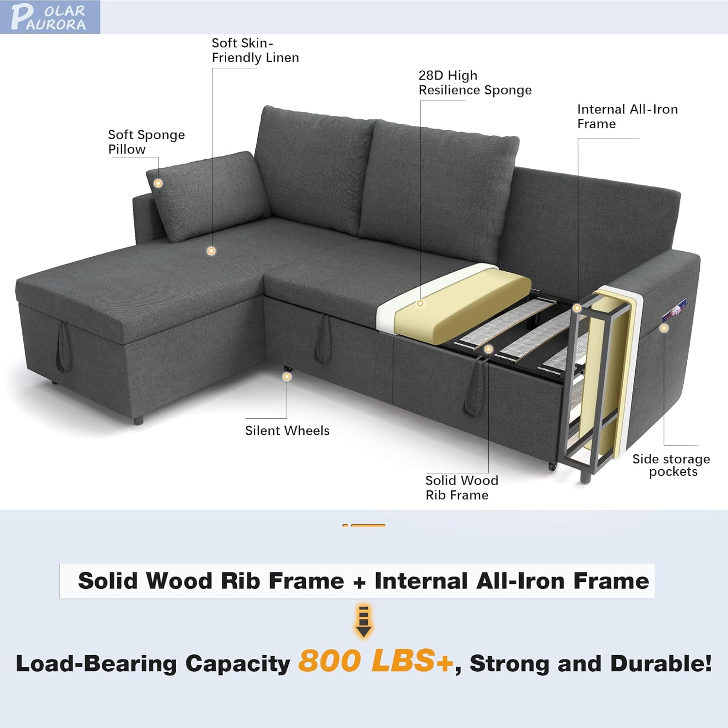 Betisef Sleeper Soft Bed,Pull Out Couch Bed with Storage Chaise,Iron Frame Soft Futon Sofa,Convertible Sleeper Couch for Living Room/Apartment/Office. (Corduroy L-Shape, Beige)