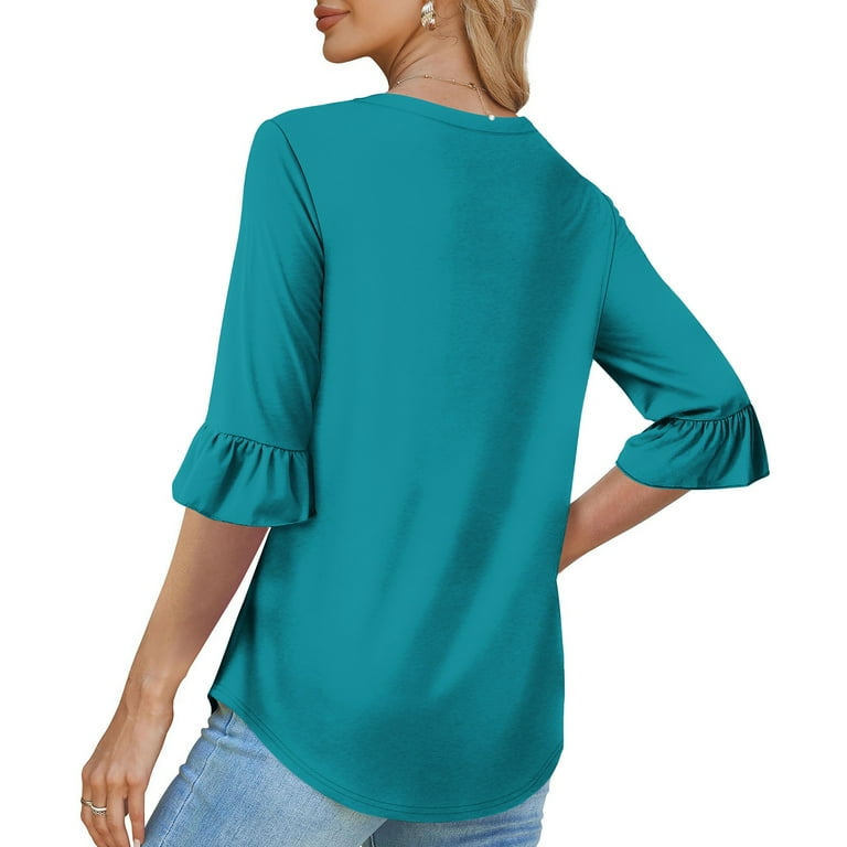 Heisall Womens Tops 3/4 Sleeve Casual Blouses Ruffle Bell Sleeve