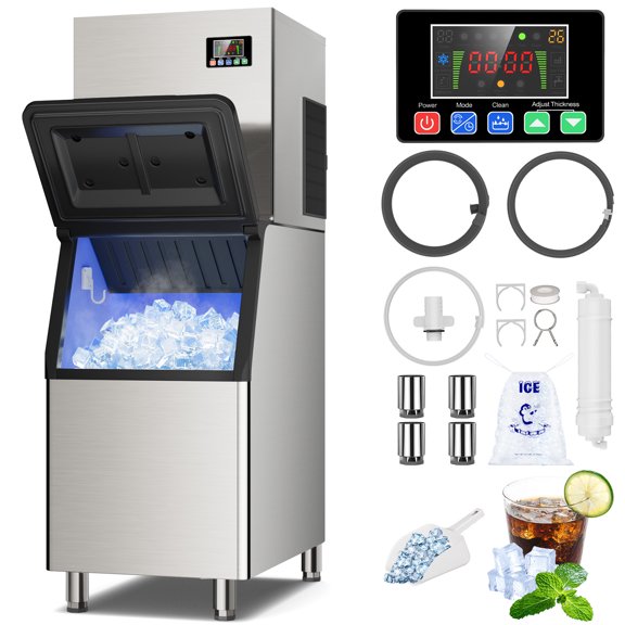 Friwest 550LBS/24H Commercial Ice Maker Machine, 350LBS Storage Bin, Stainless Steel Freestanding Ice Machine with Self-Cleaning