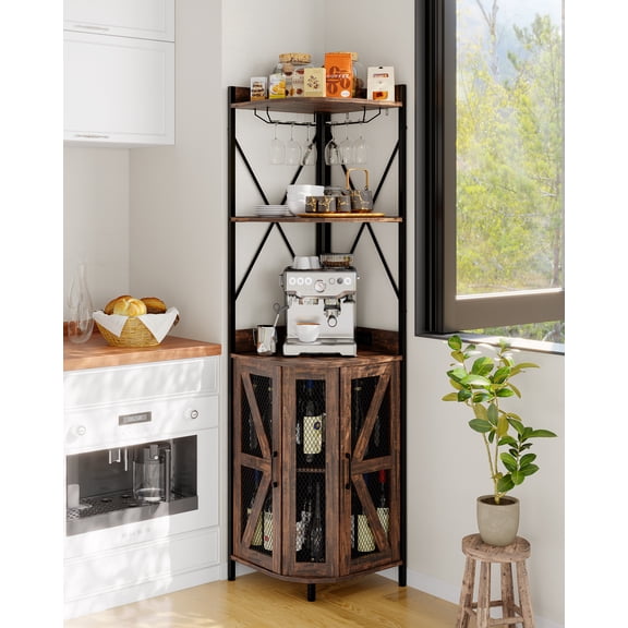 Corner Bar Cabinet with LED Lights,Industrial Wine Cabinet with Glass Holder,Space Saving,Freestanding Wine Racks & Cabinets for Liquor Wine Coffee Storage