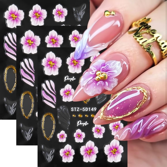 Calcomanías para Uñas SUTOZMIWE 5D en Relieve con Flores de Hibisco 3 Hojas