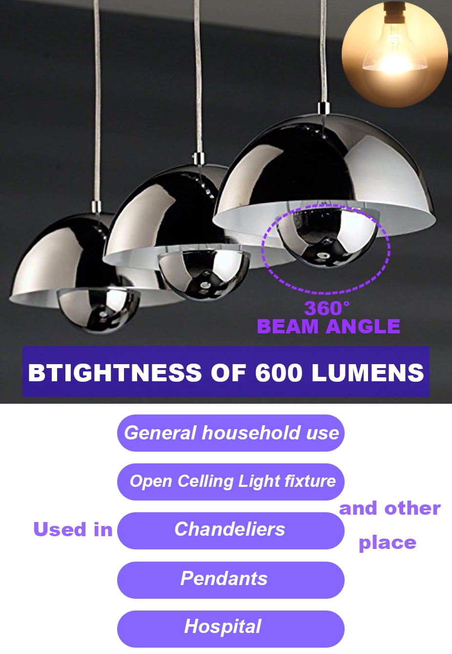 Half Chrome Light Bulb Dimmable 6W (Equivalent 60 Watt) LED Edison Bulb G25/ G80 Half Black Dipped LED Bulb Globe Shape 2700K Warm White Decorative Mirror Light Bulb CRI 90+ E26 Base Pack of 2 (Black)
