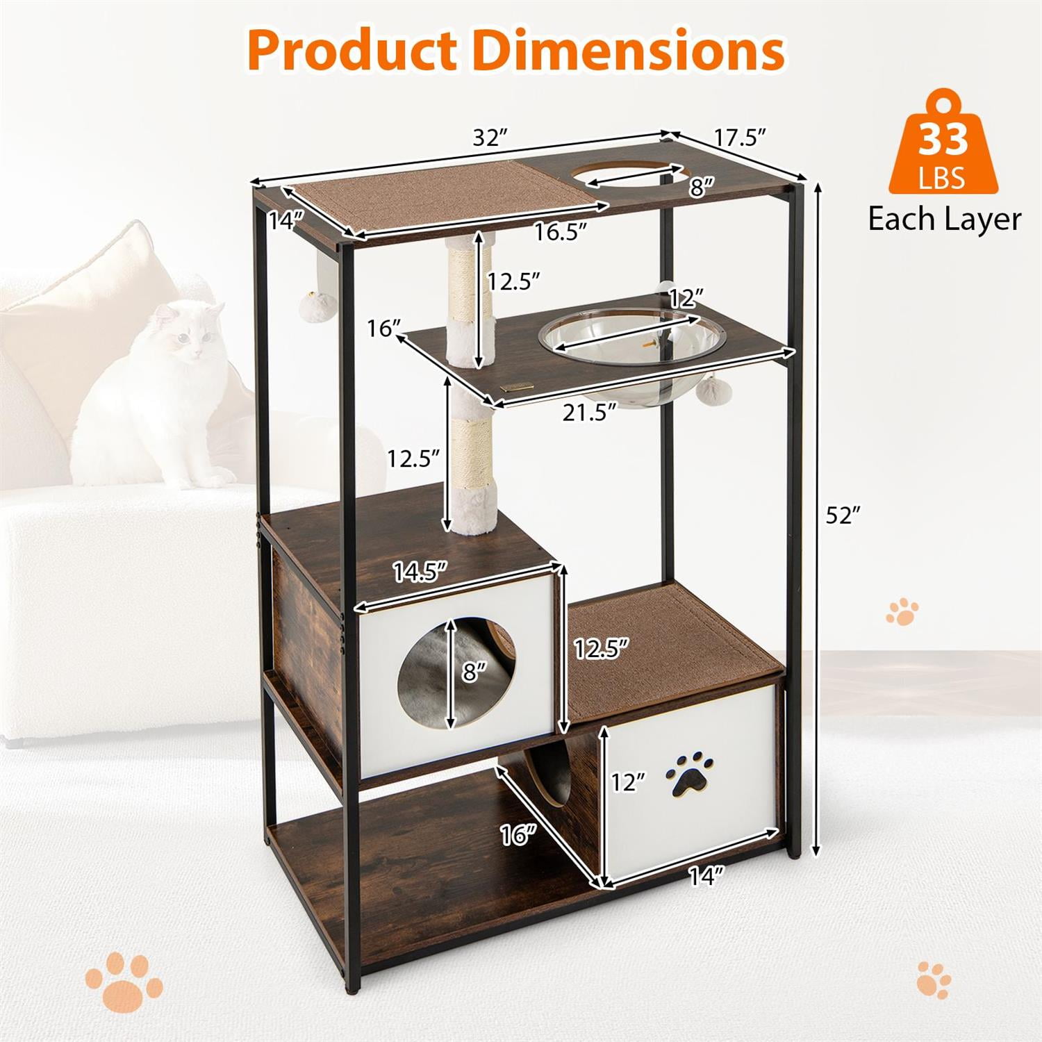 Pefilos 52" Tall Wooden Cat Tree, Metal Frame & 2 Condos, Clear Capsule & Sisal Posts, Coffee (Brown)