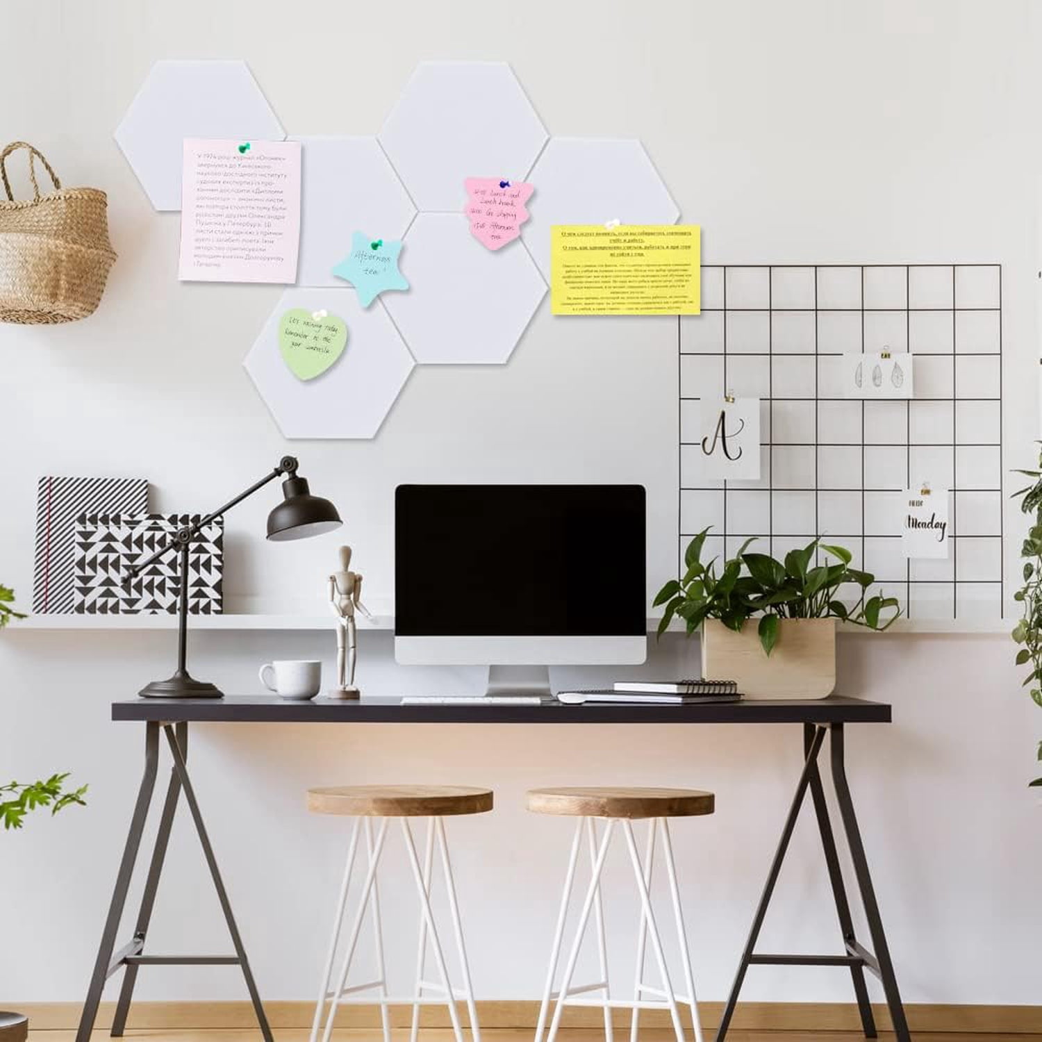 6 Pcs Hexagon Bulletin Board with 50 Pushpins & Sticky Note Adhesive Cork Board for Wall，Felt Pin Board for School，Office Decor（White）
