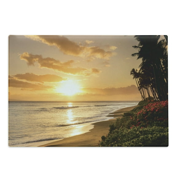 Hawaiian Cutting Board, Warm Tropical Sunset on Sands of Kaanapali Beach in Maui Hawaii Traveling, Decorative Tempered Glass Cutting and Serving Board, Large Size, Orange Green Pink, by Ambesonne