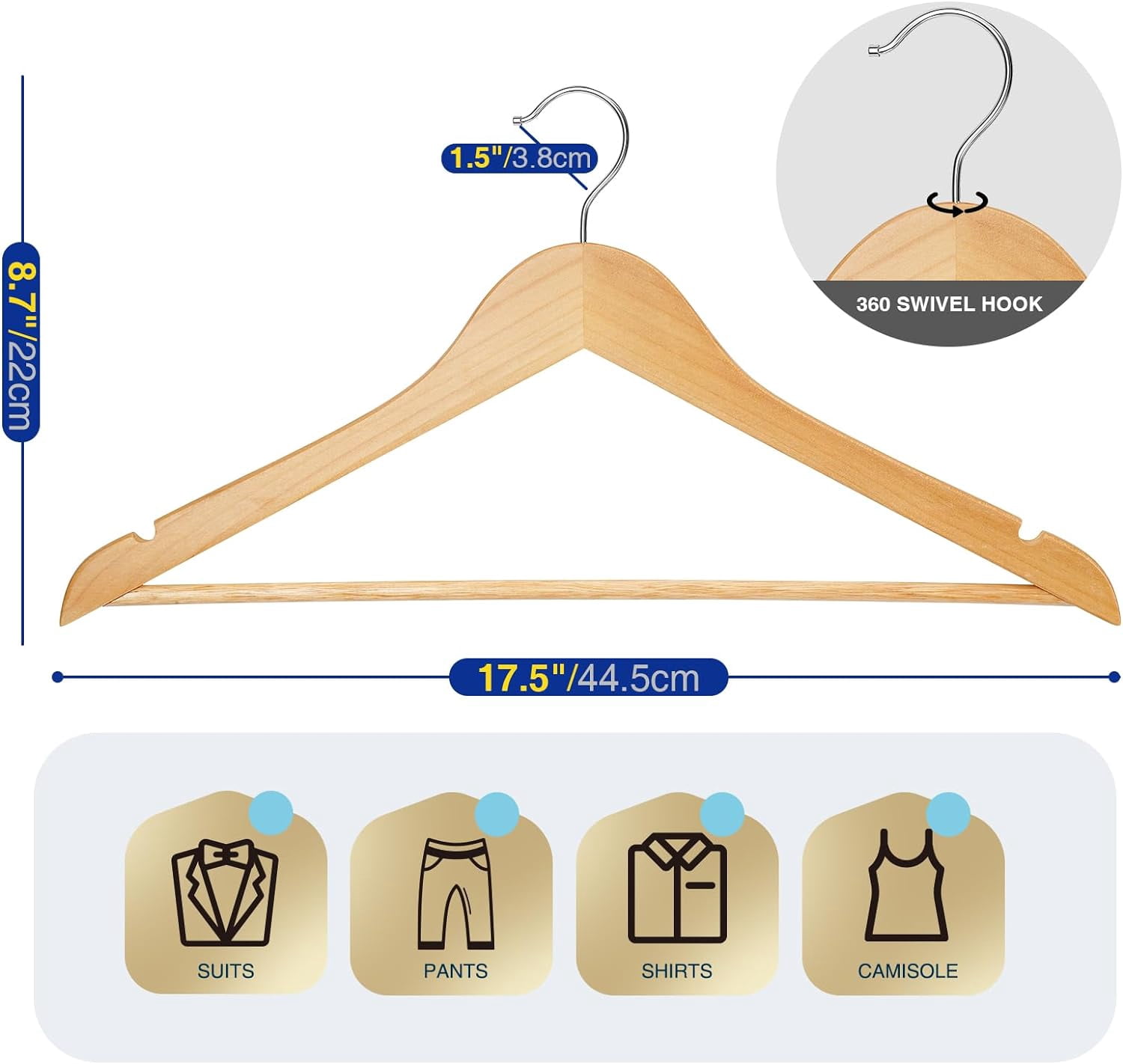 30 Pack Wooden Hangers,Wooden Clothes Hangers with Smooth Pant Bar and Shoulder Notches,Heavy Duty Hangers with 360-Degree Rotatable Hook, Coat Hangers for Coats,Shirts,Dress,Pants,Natural