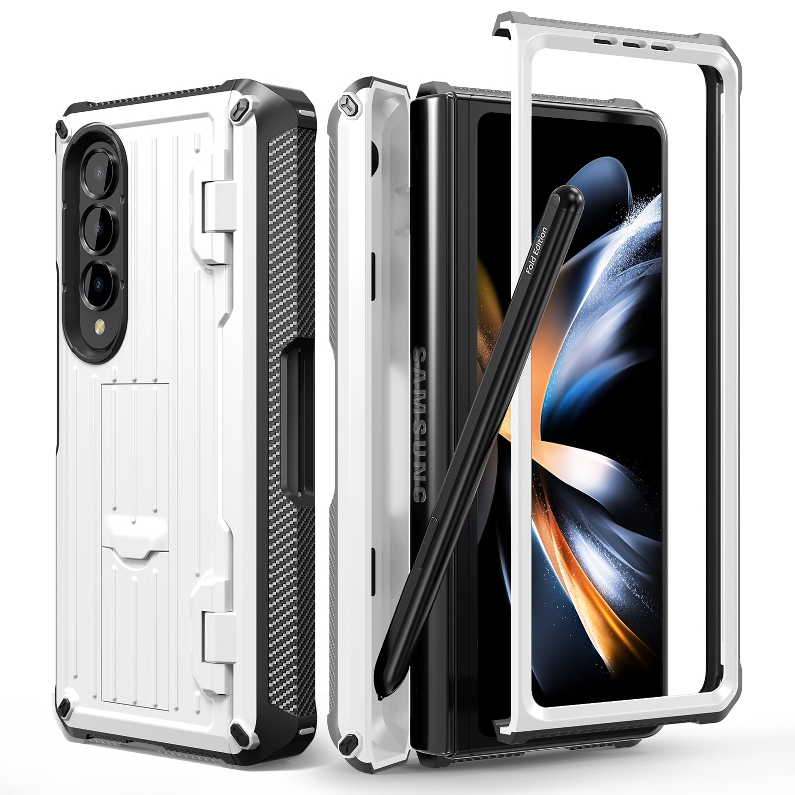 TECH CIRC Case for Samsung Galaxy Z Fold 4 Compatible with MagSafe, Heavy Duty Rugged PC Shockproof Hinge Protection Cover with Hidden Bracket Screen Protector S Pen Holder Galaxy Z Fold 4 Case,White