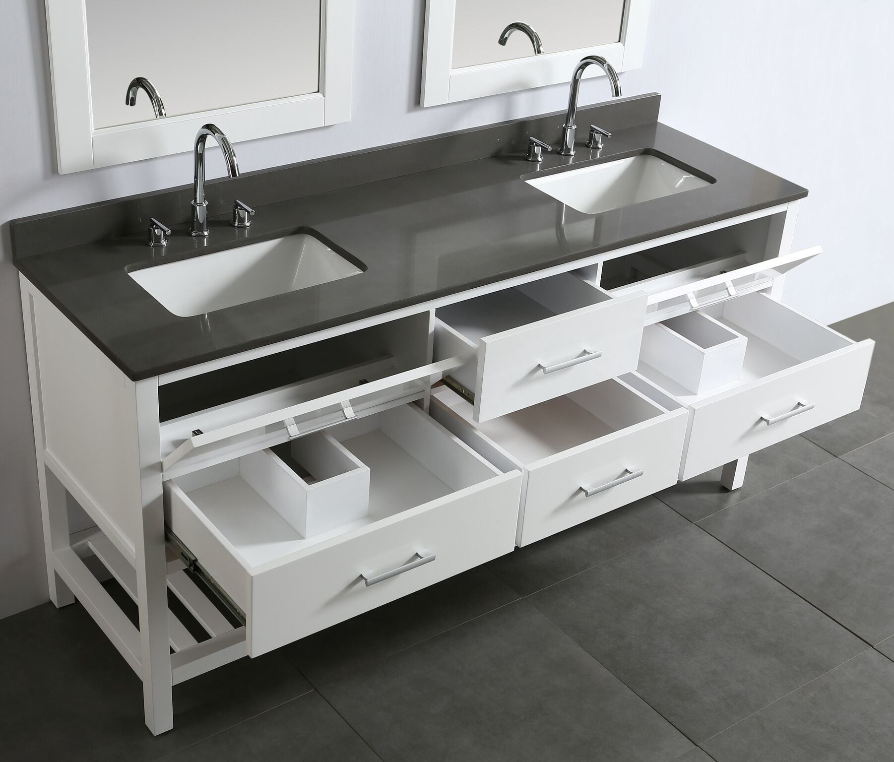 Design Element London 72" Double Sink Bathroom Vanity Set in White with Gray Quartz Top