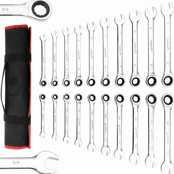 20-Piece Fixed Ratcheting Combination Wrench Set, 72 Teeth, SAE 1/4-3/4" & Metric 6-19mm, Chrome Vanadium Steel Combination Wrench with Storage Bag