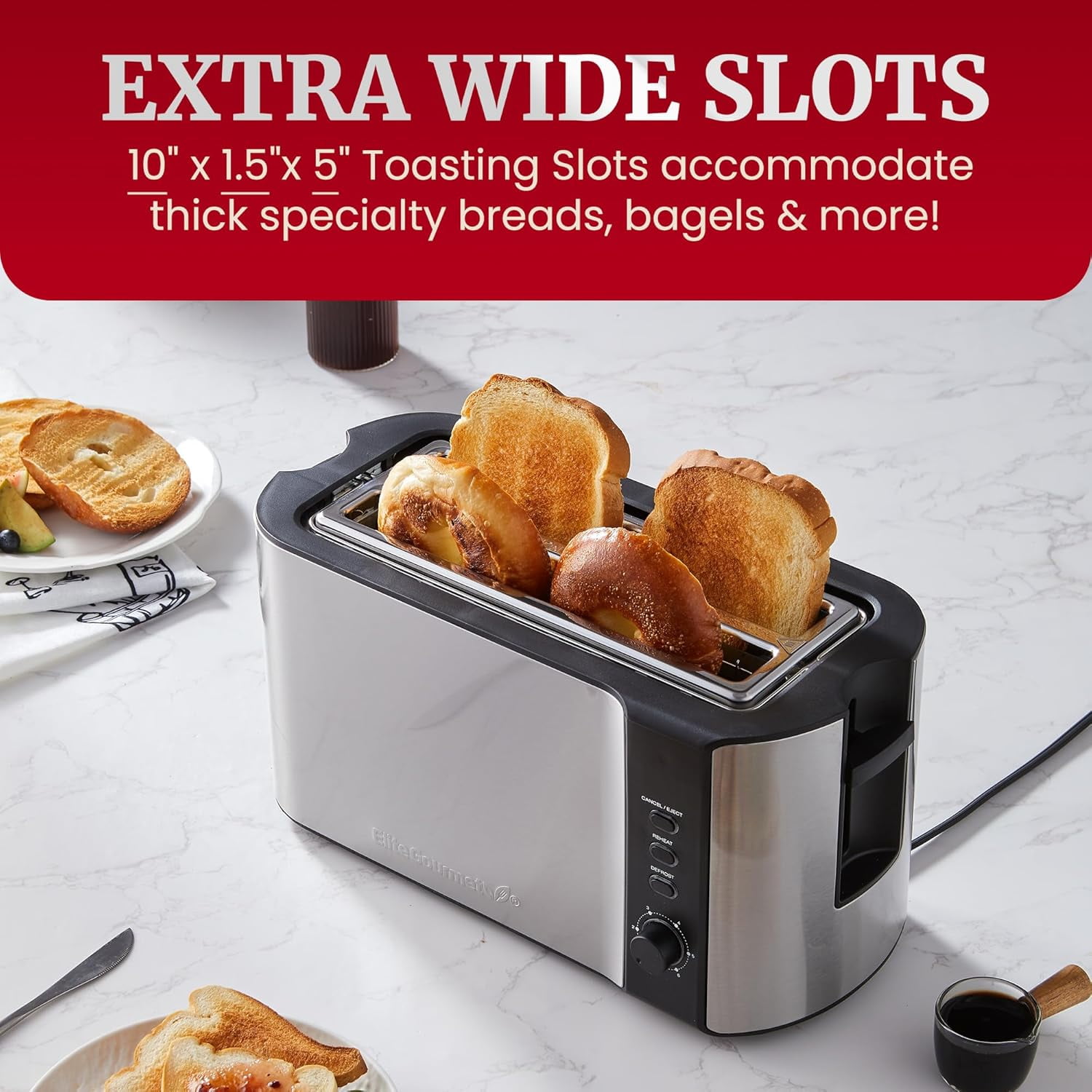 ECT-3100 Long Slot 4 Slice Toaster, Reheat, 6 Toast Settings, Defrost, Cancel Functions, Built-in Warming Rack, Extra Wide Slots for Bals & Waffles, Stainless Steel Black