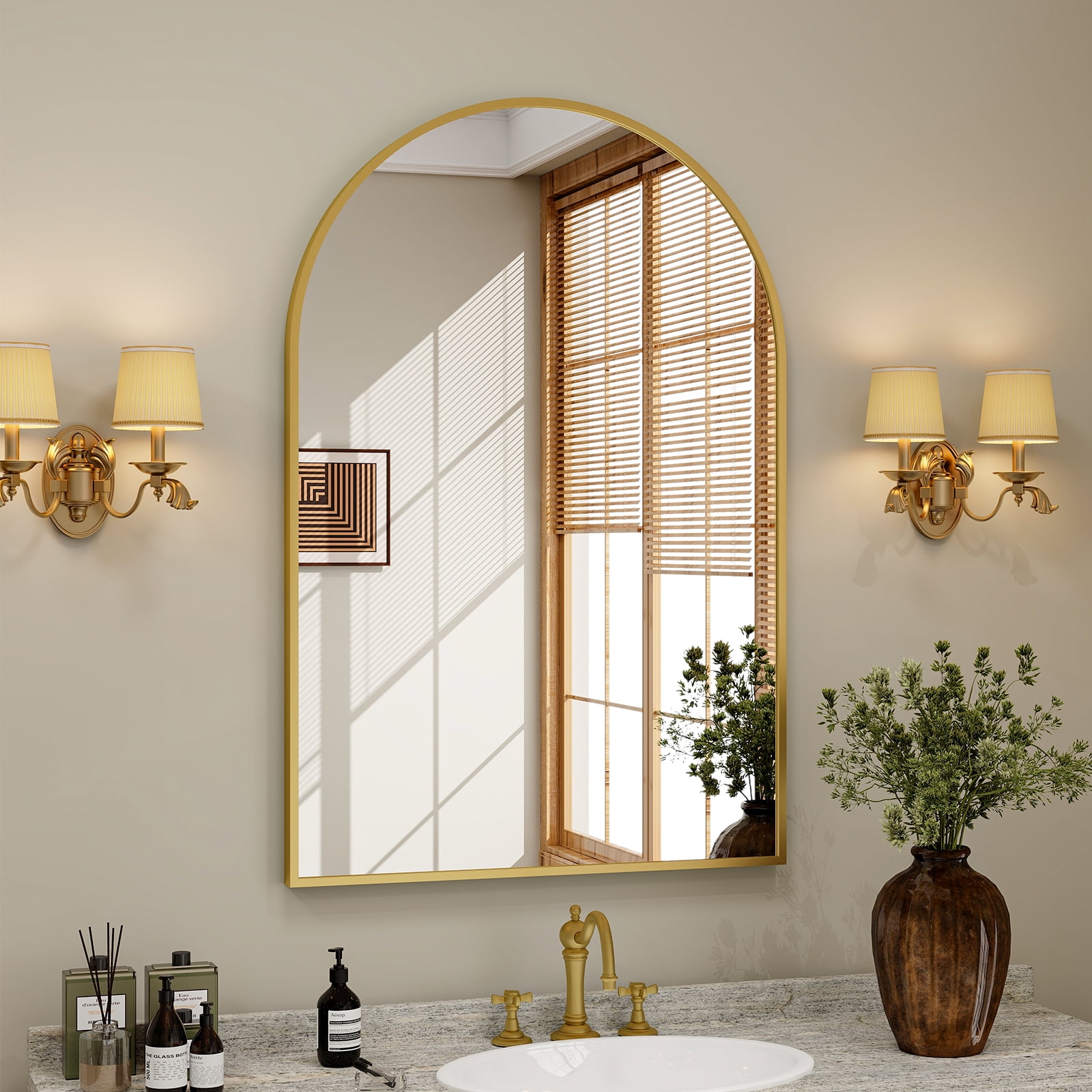 BEAUTYPEAK 24"x 36" Bathroom Mirror Wall Vanity Arched Mirror, Gold