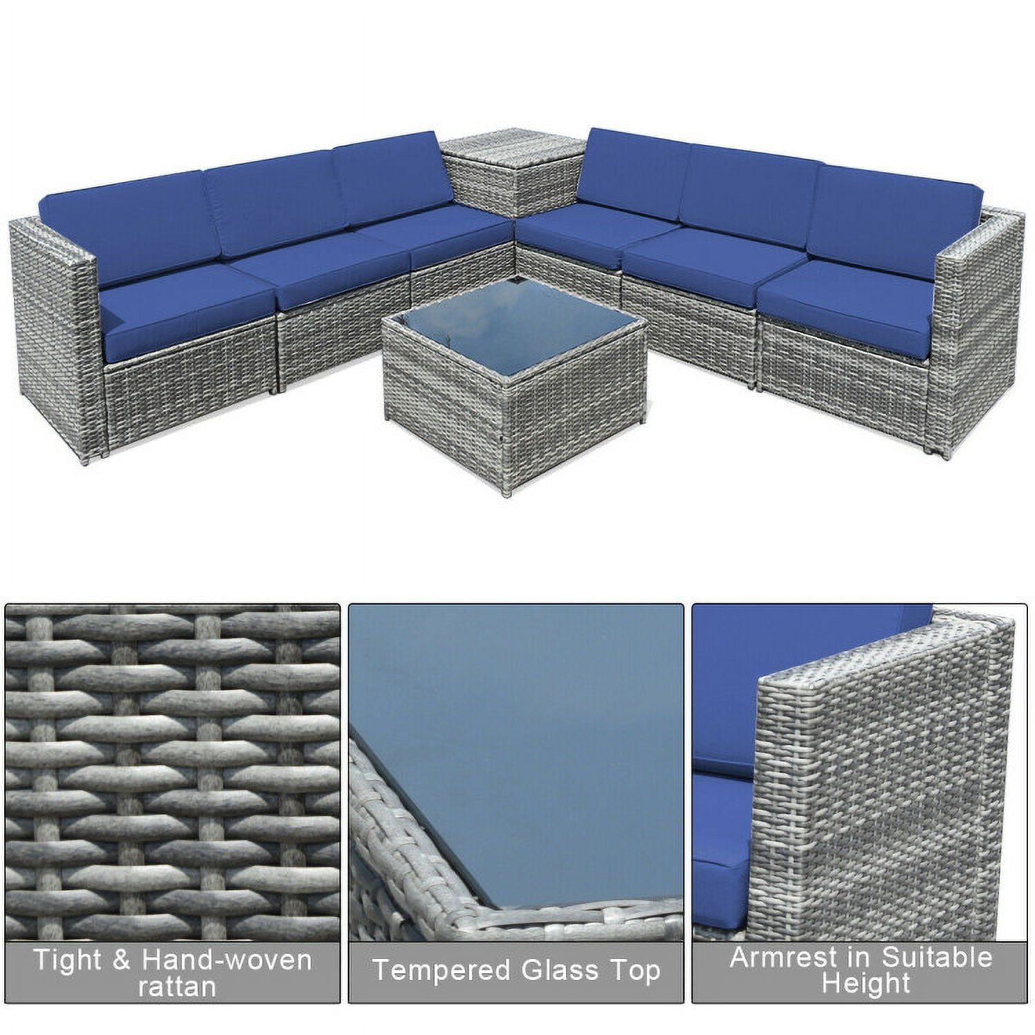Aimee Lii 8 Piece Wicker Sofa Rattan Dinning Set Patio Furniture with Storage Table, Outdoor Deck Furniture, Navy Aimee Lii 8 Piece Wicker Sofa Rattan Dinning Set Patio Furniture with Storage Table, Outdoor Deck Furniture, Navy