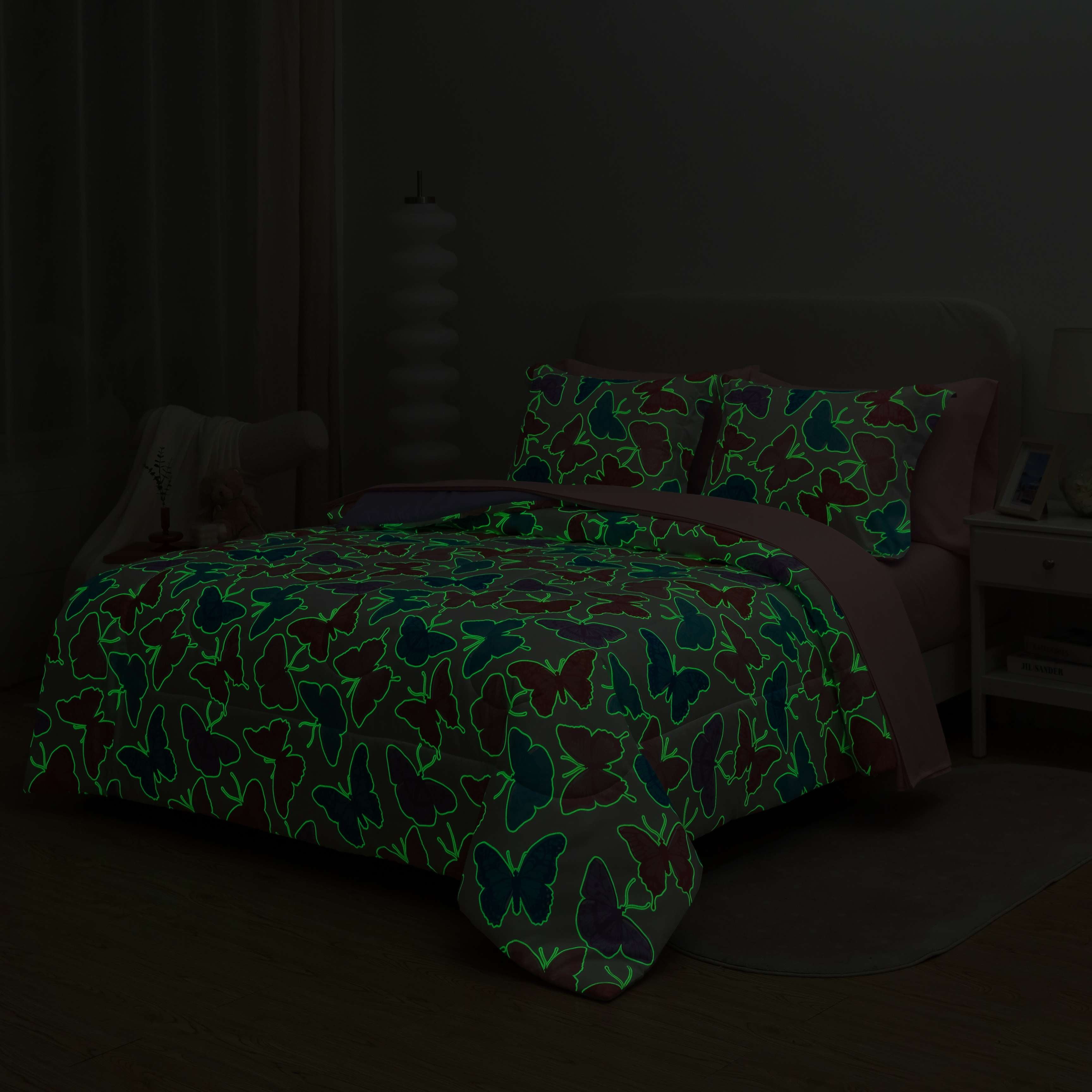 Your Zone Glow in the Dark Butterfly 7-Piece Kids Bedding Set with Fabric Storage Bag, Full