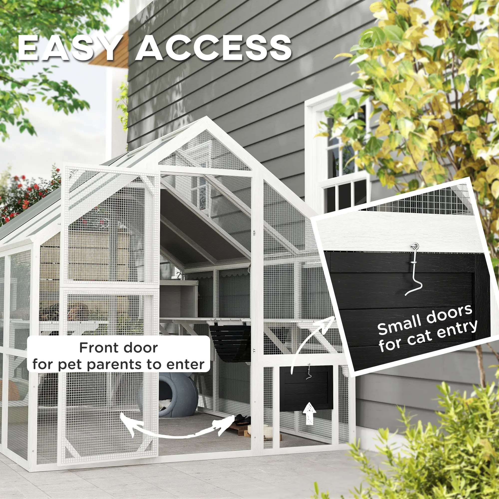 Wooden Catio Outdoor Cat Enclosure with Waterproof Cover, 2 Condos, 6 Platforms
