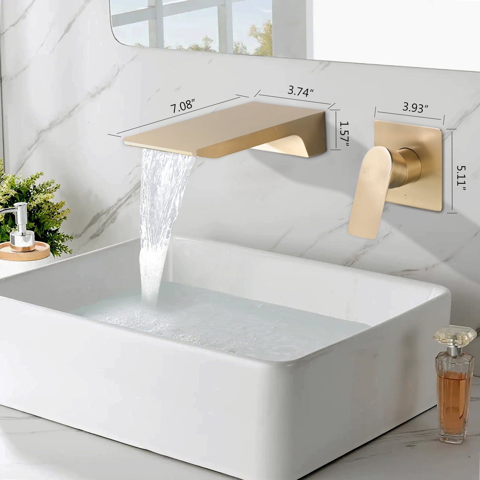 Cerypsa Wall Mount Waterfall Bathtub Faucet, Single Handle Bathroom Sink Faucet,Brushes Gold