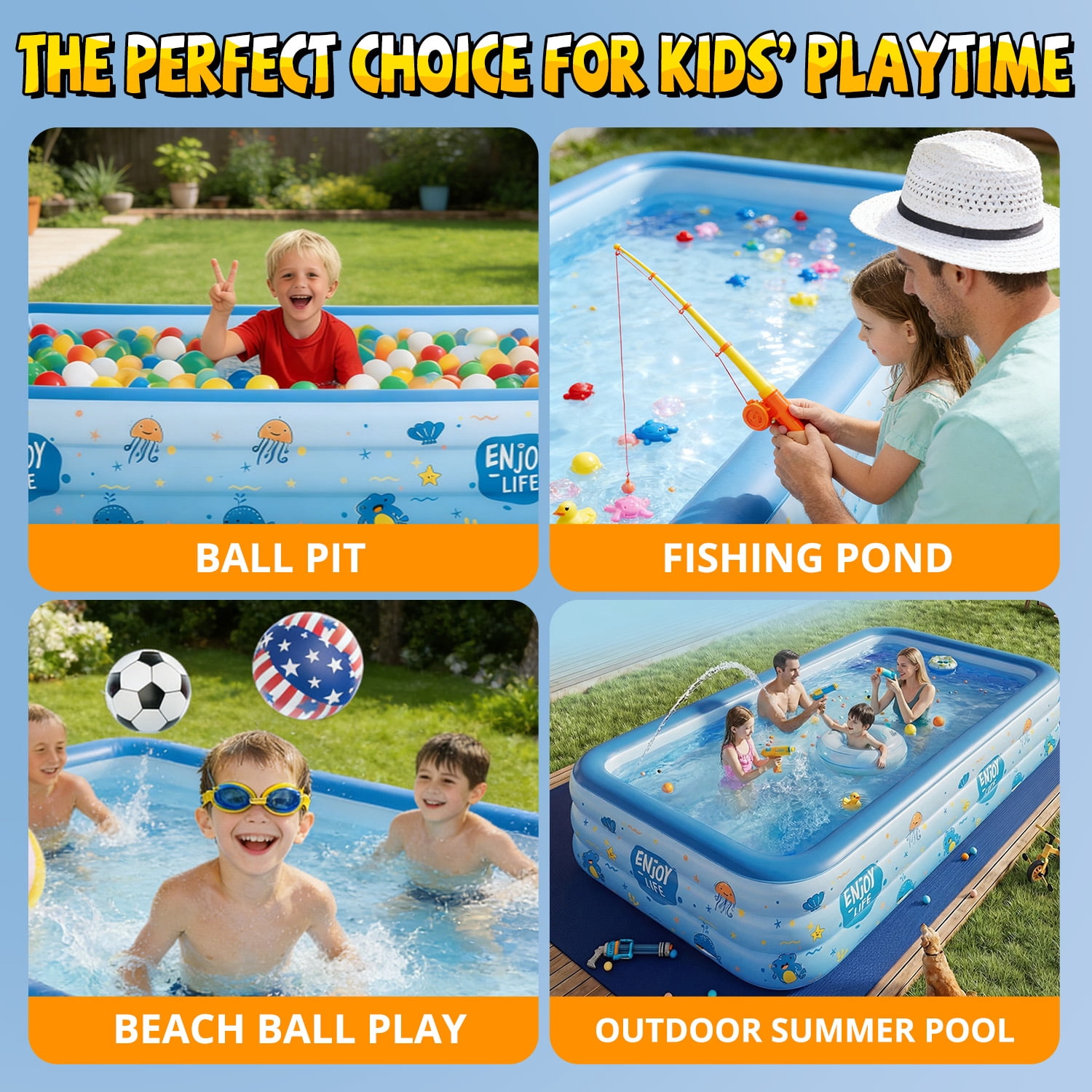 WonderStone Inflatable Swimming Pool, 113'' x 63'' x 20'' Large 3-Layer Thickened PVC Blow Up Pool with 8 Ocean Balls, Durable Family Pool for Adults & Kids, Backyard Garden Summer Water Fun