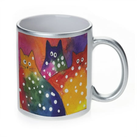 

KuzmarK Silver Sparkle Coffee Cup Mug 11 Ounce - Two-Toned Polka-Dot Chunky Kitties Abstract Cat Art by Denise Every
