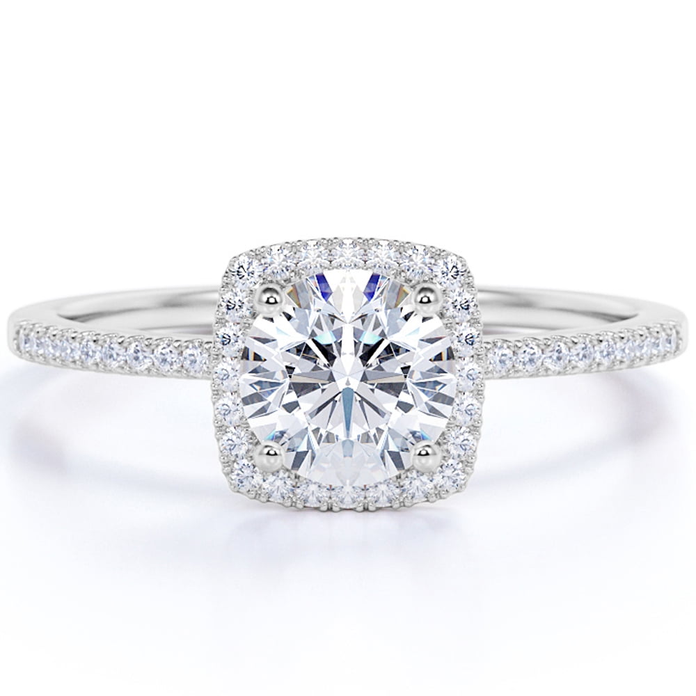 JeenMata 1 Carat Round Cut Moissanite Halo Engagement Ring in 18k White Gold Over Silver
