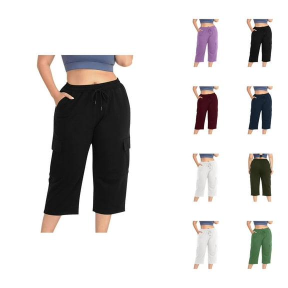 Capri Pants for Women 2025 High Elastic Waist Wide Straight Leg Casual Loose Capris with Pockets Womens Cropped Pants